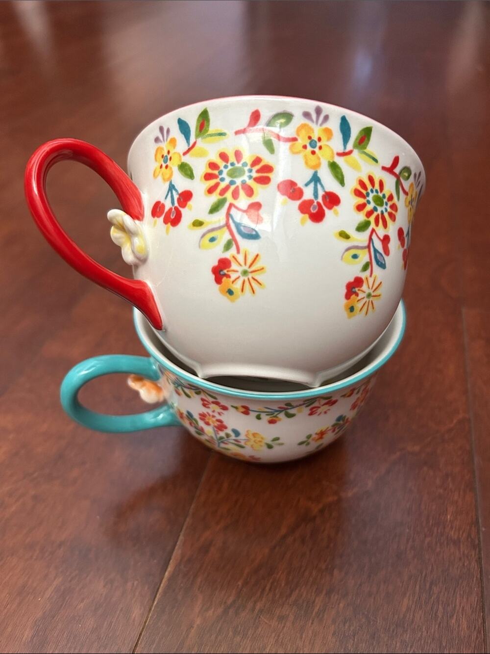 Anthropologie Cadiz Floral Ceramic Mug with Red and Blue Handles, Set of Two